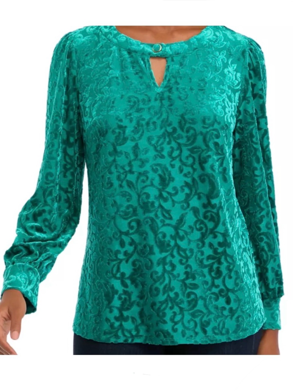 Kim Rogers Teal Velvet Burnout Keyhole Long-Sleeve Top